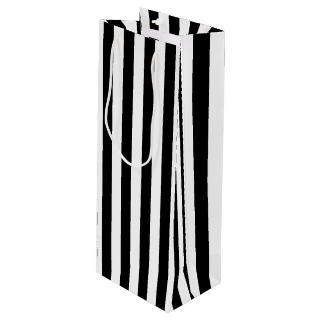 Vertikale schwarze und weiße Streifen Geschenktüte Für Weinflaschen (Vorderseite Schrägansicht)