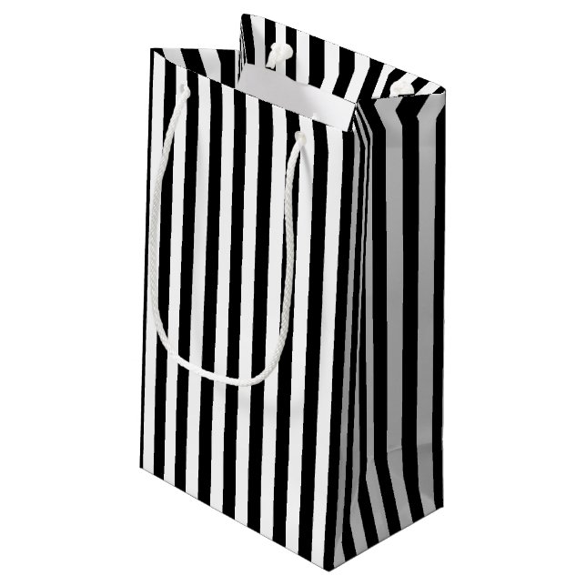 Vertikale Streifen schwarzer und weißer mittlerer  Kleine Geschenktüte (Rückseite Schrägansicht)