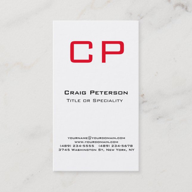 Vertikale, stylische Red White Monogram Business C Visitenkarte (Vorderseite)