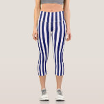 Vertikale weiße Streifen DIY Hintergrund Navy Capri Leggings<br><div class="desc">Vertikal weiße Streifen auf einer Hintergrundfarbe Ihrer Wahl. Der Hintergrund ist zunächst Set zu Navy. Sie können das Bundmuster ausblenden / entfernen,  wenn Sie eine feste Farbe gewollt haben. Sie können auch Text und Bilder hinzufügen,  um Ihr eigenes einzigartiges Design zu erstellen.</div>