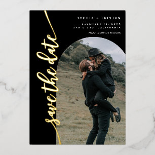 Vertikales Bogenfoto Schwarz Save the Date Folieneinladung