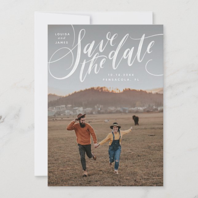 Vertikales Foto Save the Date mit Handschrift Einladung (Vorderseite)