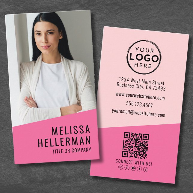 Vertikales Logo des rosa Foto QR Code Company Visitenkarte (Pink Photo QR Code Company Logo Vertical Business Card)