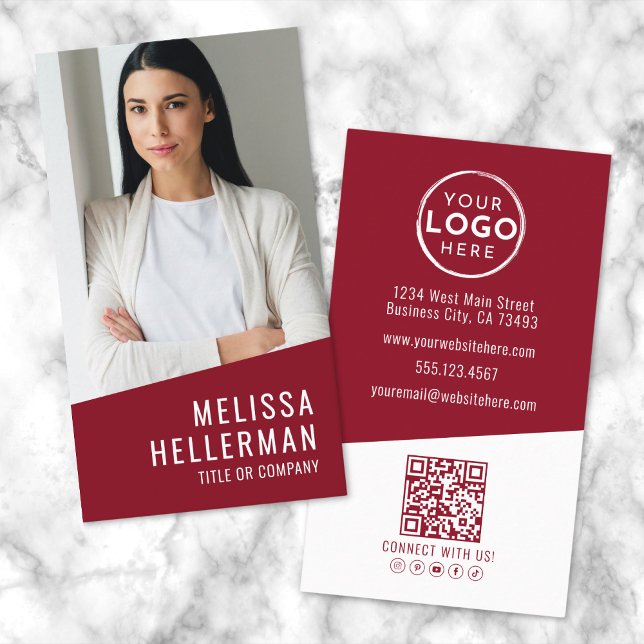 Vertikales QR-Logo für Red Contemporary Foto Visitenkarte (Red Contemporary Photo QR Code Logo Vertical Business Card)