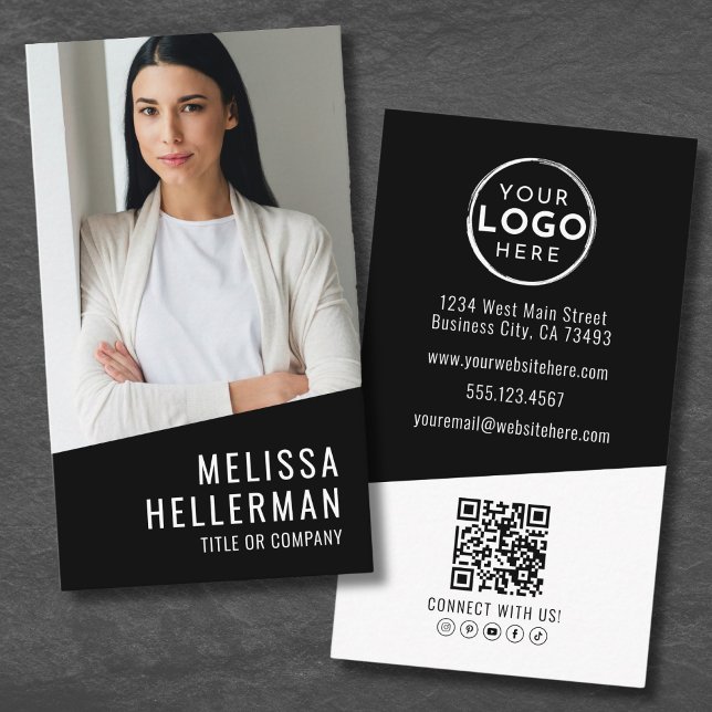 Vertikales QR-Logo für zeitgenössisches Foto Visitenkarte (Black Contemporary Photo QR Code Logo Vertical Business Card)
