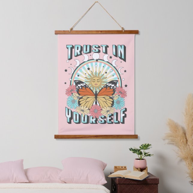 Vertrauen in dich selbst | Sonne und Schmetterling Wandteppich Mit Holzrahmen (Schlafzimmer)