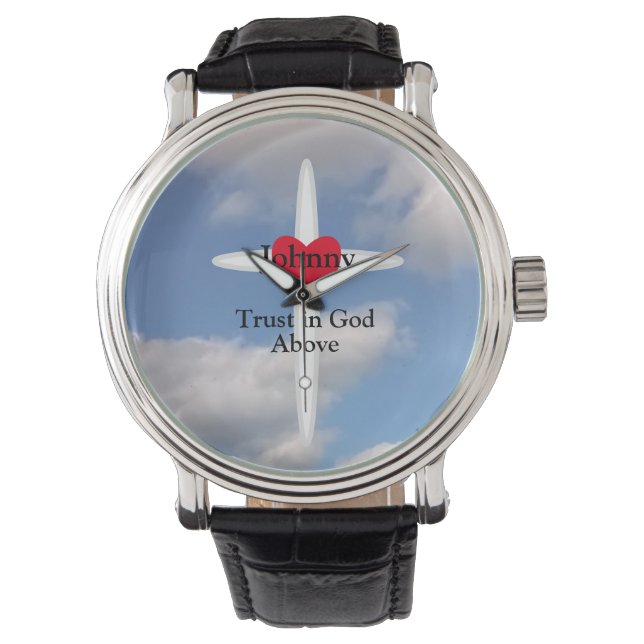 Vertrauen in Gottes Kreuz in Himmel mit Namen Armbanduhr (Vorderseite)