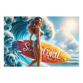 Vertrauensvolle Surferin, die durch die Wellen am  Fotodruck