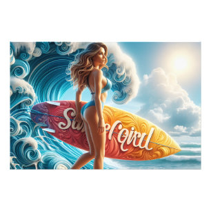 Vertrauensvolle Surferin, die durch die Wellen am Fotodruck