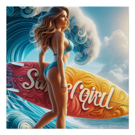 Vertrauensvolle Surferin, die durch die Wellen am  Poster