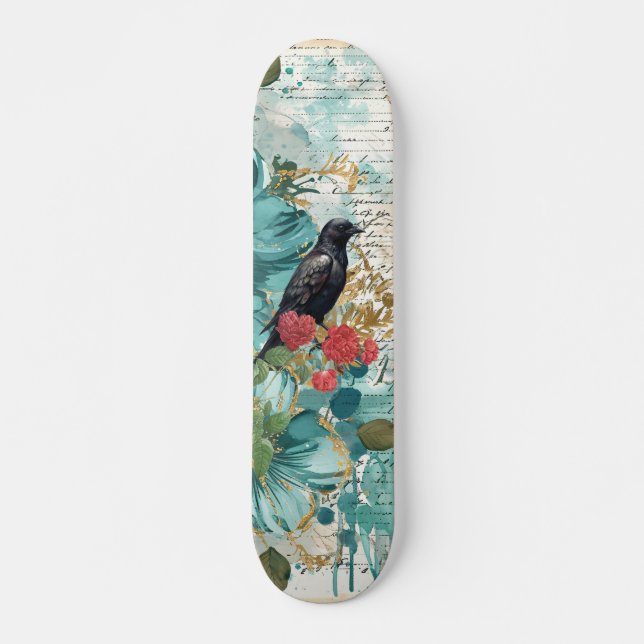 Verwaschene Türkis Blumen Raven & Roses Skateboard (Vorne)