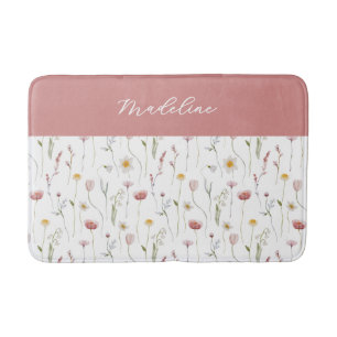 Verwaschenes rosa Wasserfarben-Wildblumen-Monogram Badematte
