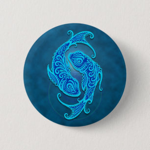 Verwickelte blaue Stammes- Fische Button