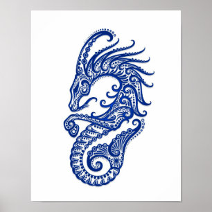 Verwickelter blauer Steinbock-Tierkreis auf Weiß Poster