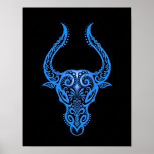 Verwickelter blauer Stier-Tierkreis auf Schwarzem Poster
