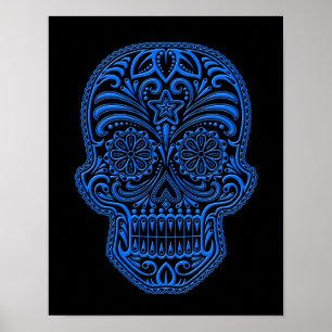 Verwickelter blauer Zuckerschädel auf Schwarzem Poster