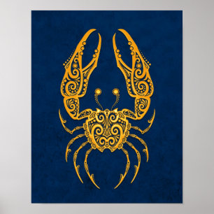 Verwickelter gelber Krebs-Tierkreis auf Blau Poster