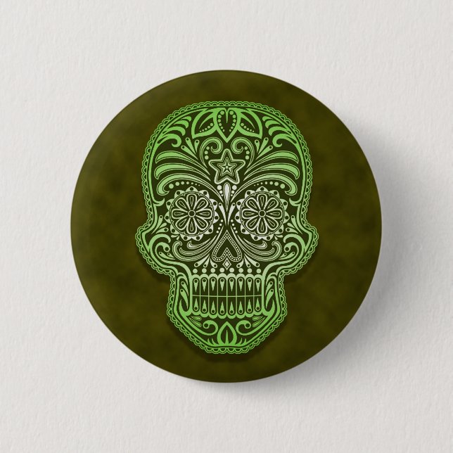 Verwickelter grüner Zuckerschädel Button (Vorderseite)