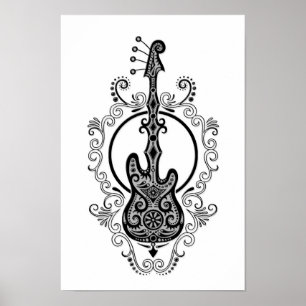 Verwickelter schwarzer Bass-Gitarren-Entwurf auf Poster