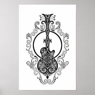 Verwickelter schwarzer Gitarren-Entwurf auf Weiß Poster
