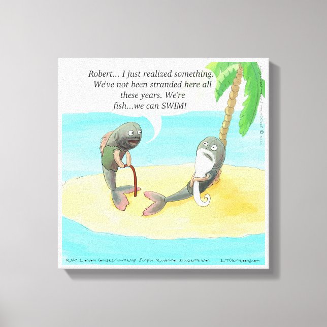 Verwirrter Fisch auf der Wüsteninsel Funny Canvas  Leinwanddruck (Vorderseite)