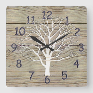 Verwittertes Treibholz mit Baum-Grafik Quadratische Wanduhr