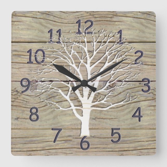 Verwittertes Treibholz mit Baum-Grafik Quadratische Wanduhr (Vorderseite)