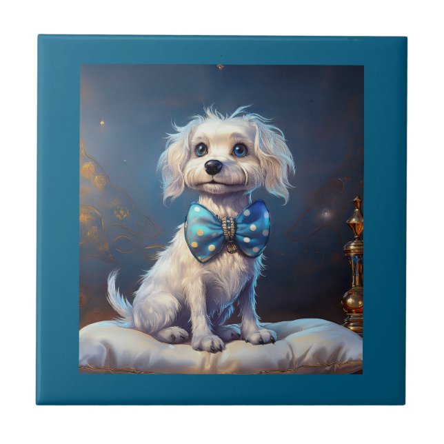 Very Cute Lil Doggie With Blue Bow Tie Fliese (Vorderseite)