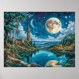 Verzaubernde Fantasielandschaft mit mondbeschienen Poster