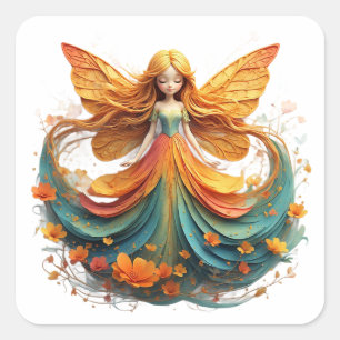 Verzaubernde Fantasy-Fee mit farbenfrohen Flügeln Quadratischer Aufkleber