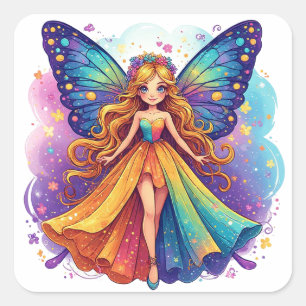 Verzaubernde Fantasy-Fee mit farbenfrohen Flügeln Quadratischer Aufkleber