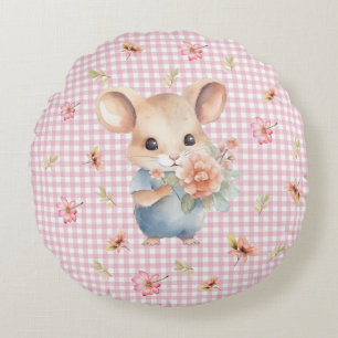 Verzaubernde Maus auf rosa Gingham Karo Rundes Kissen