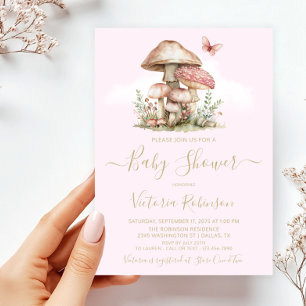 Verzaubernde rosa Wald-Pilz-Baby-Party Einladung
