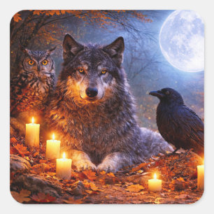 Verzaubernder Herbstwolf, Rabe und Eule Quadratischer Aufkleber