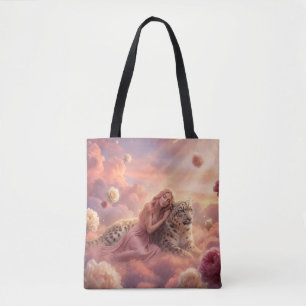 Verzaubernder Schneeleopard und Frau in Wolken Tasche