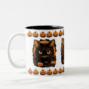 Verzauberndes Halloween: Schwarze Katze zwischen K Zweifarbige Tasse