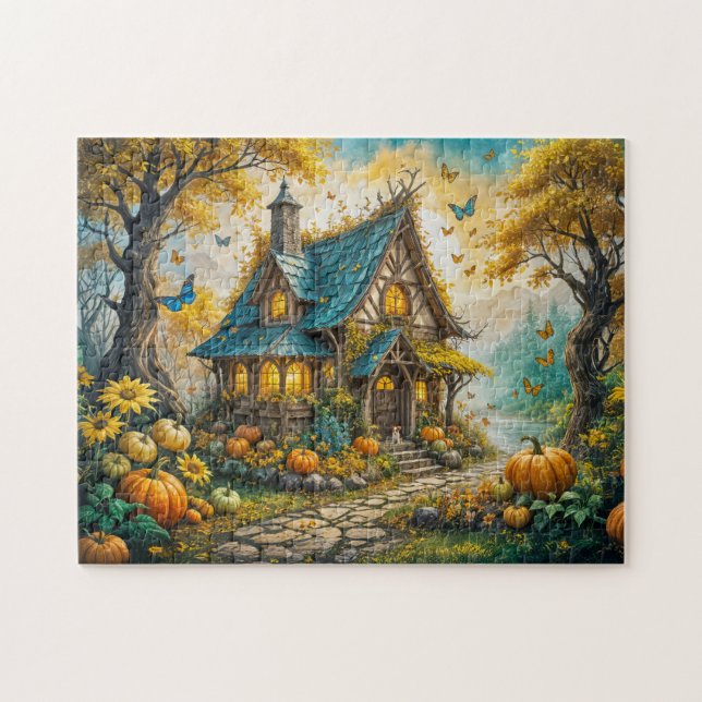Verzauberndes Herbst Cottage mit Kürbissen (Horizontal)
