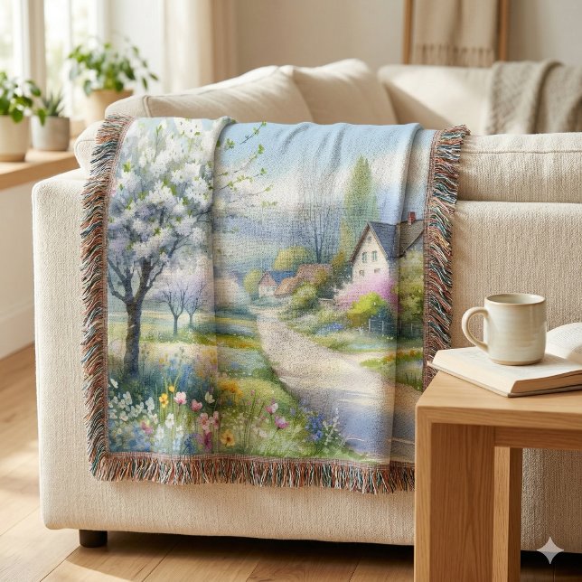 Verzauberte Blütenlandstraße Decke (Enchanted Blossom Country Lane Throw Blanket Over Sofa Arm)