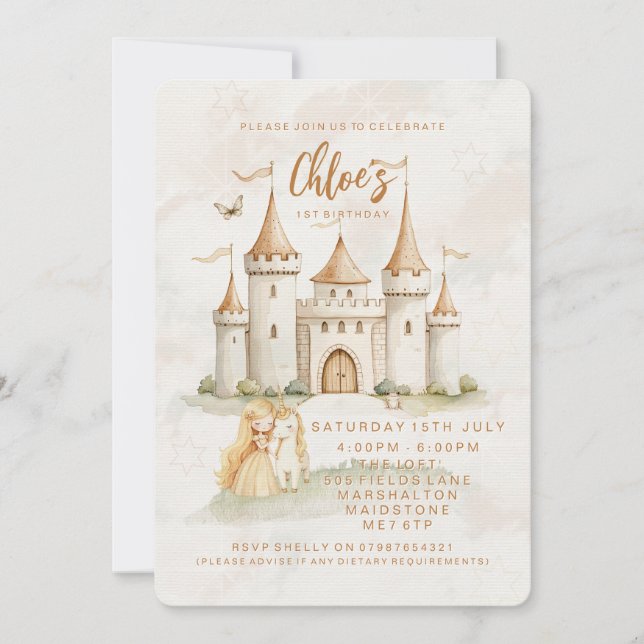 🏰 ✨ verzauberte Burgprinzessin Einladung zum 1. G (Vorderseite)