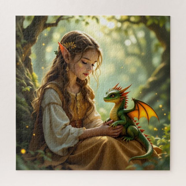 Verzauberte Elfenfee und Drache (Vertikal)