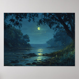 Verzauberte Fluss- und Glühwürmchenlandschaft bei  Poster