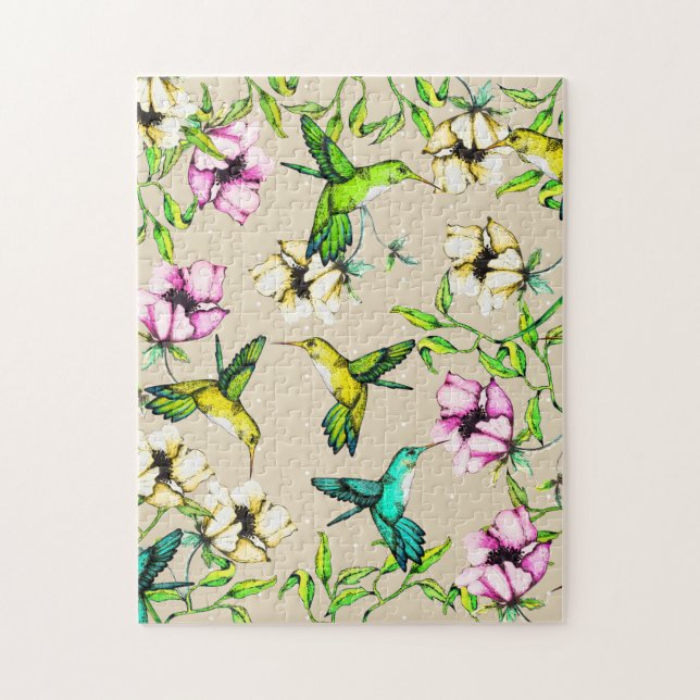 Verzauberte Gartenwatercolor-Kolibris u. Blumen (Vertikal)