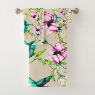 Verzauberte Gartenwatercolor-Kolibris u. Blumen Badhandtuch Set