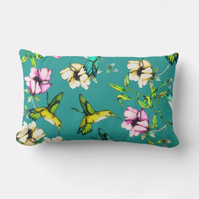 Verzauberte Gartenwatercolor-Kolibris u. Blumen Lendenkissen (Vorderseite)