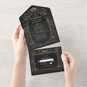 Verzauberte gotische Hochzeit mit dunkelgrünem Flo All In One Einladung