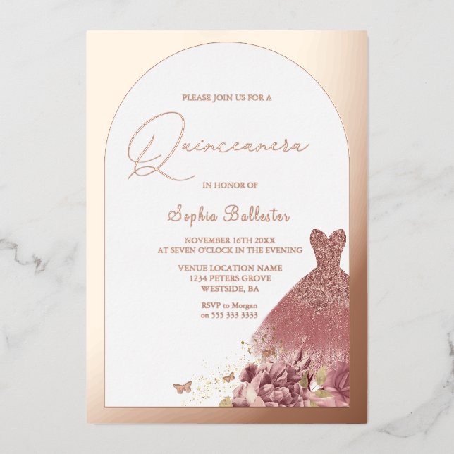 Verzauberte Kleidung Blush Blumenkohl Quinceanera  Folieneinladung (Vorderseite)