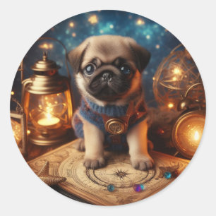 Verzauberte Laternen-Mops-Welpen-Fantasy-Aufkleber Runder Aufkleber