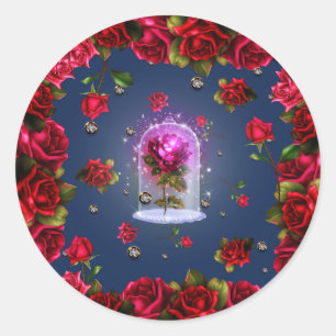 Verzauberte Magische Rote Rose Blaue Florale Bling Runder Aufkleber
