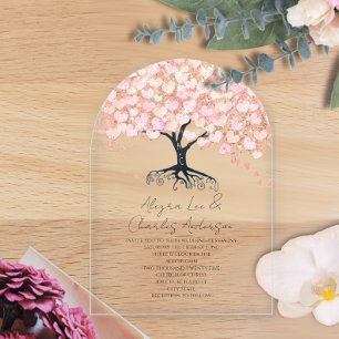 Verzauberte Märchen-Rosa-Herz-Blatt-Baum-Hochzeit Acryleinladungen