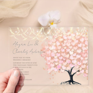 Verzauberte Märchen-Rosa-Herz-Blatt-Baum-Hochzeit Acryleinladungen